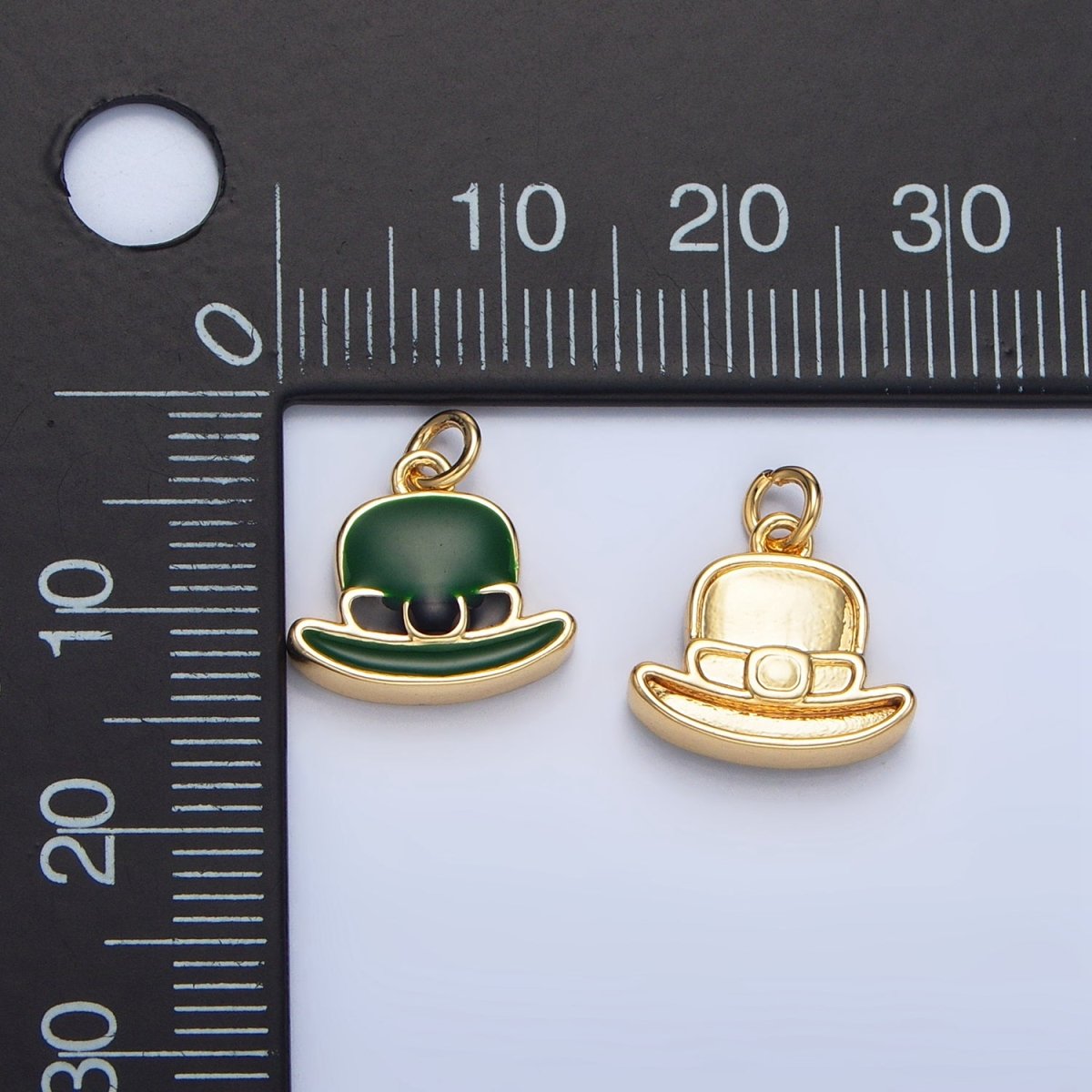 24K Gold Filled Saint Patrick Green Bowler Hat Enamel Charm in Gold & Silver | N1318 - DLUXCA