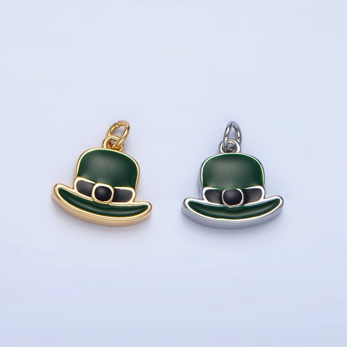 24K Gold Filled Saint Patrick Green Bowler Hat Enamel Charm in Gold & Silver | N1318 - DLUXCA