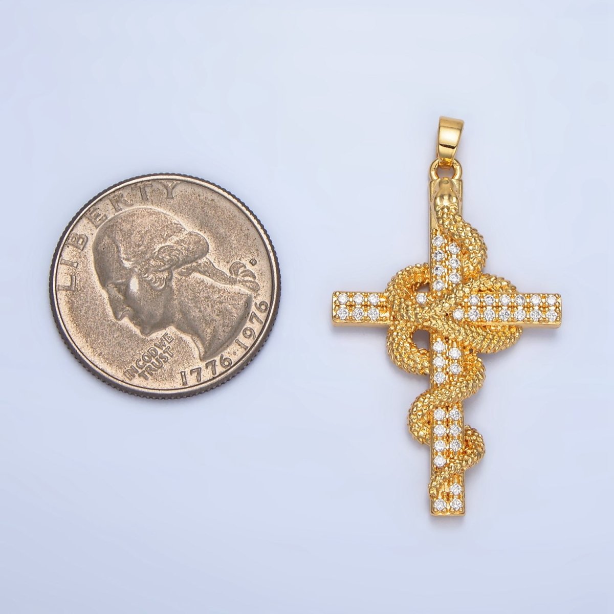 24K Gold Filled Scaled Slither Snake Micro Paved CZ Cross Pendant | AA947 - DLUXCA