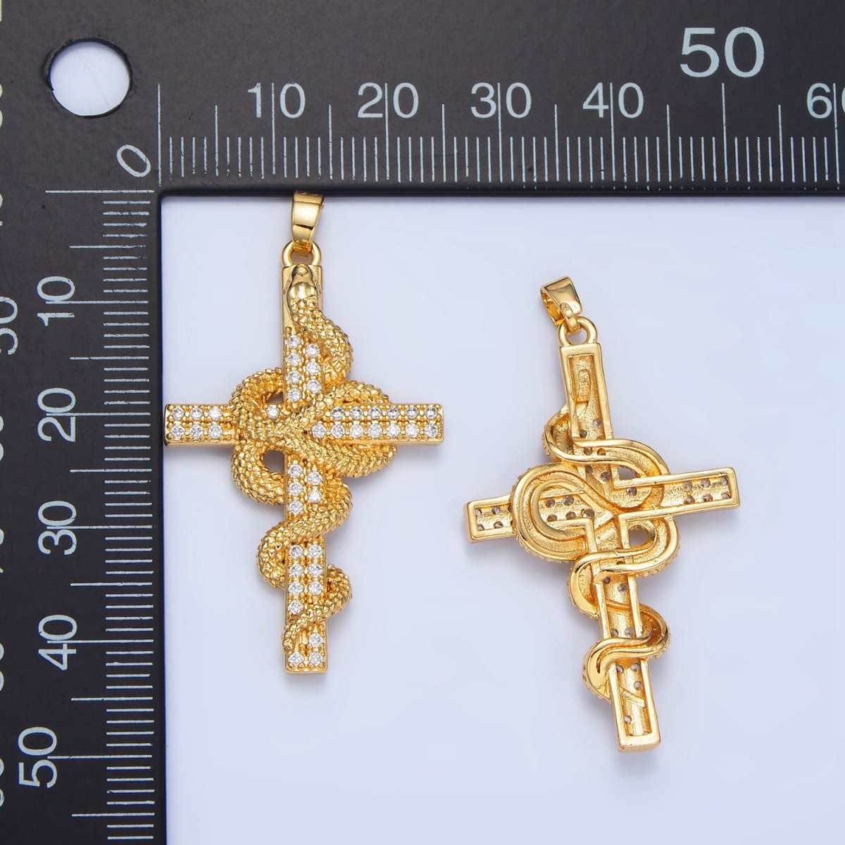 24K Gold Filled Scaled Slither Snake Micro Paved CZ Cross Pendant | AA947 - DLUXCA