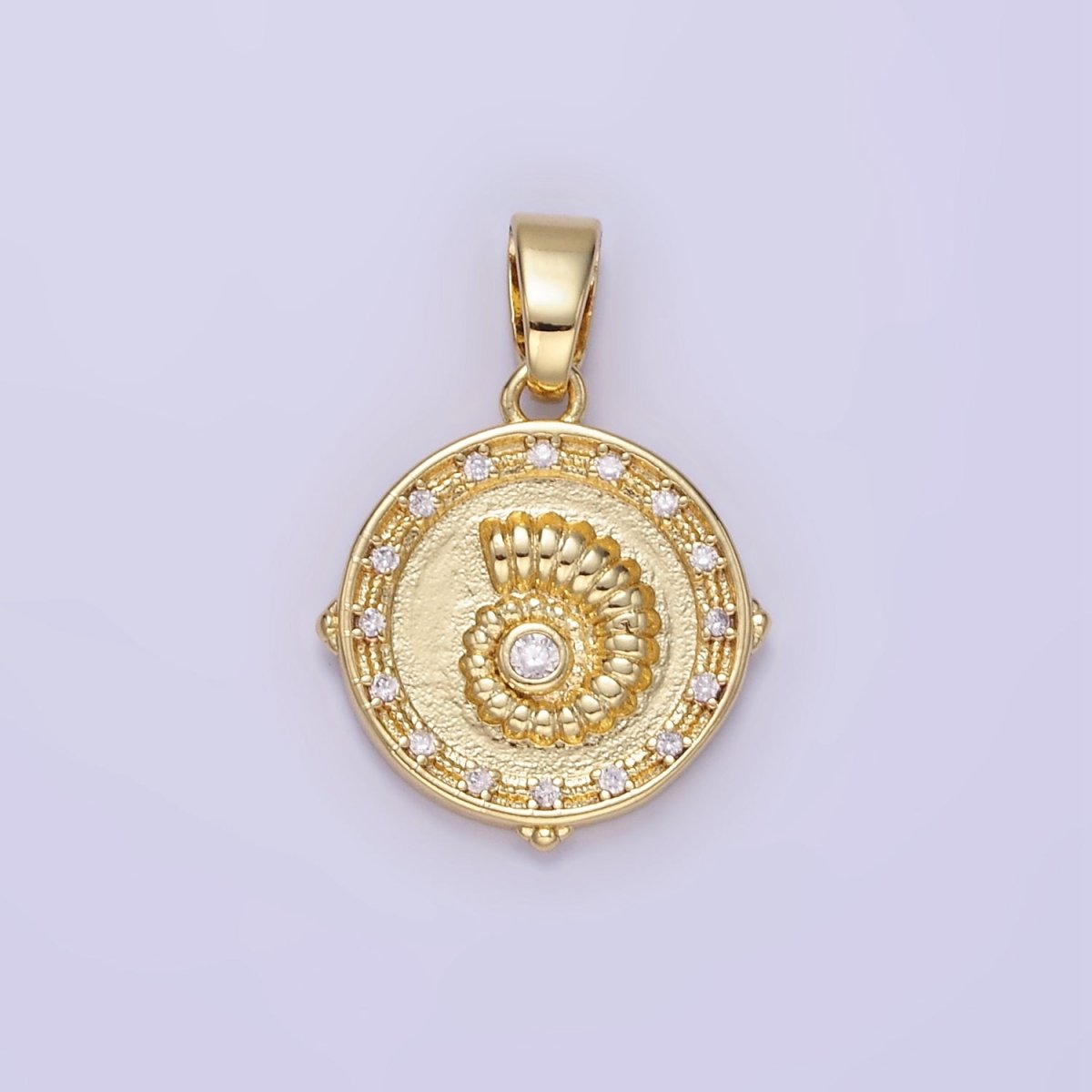 24K Gold Filled Sea Shell Clear CZ Round Pendant | AA1341 - DLUXCA