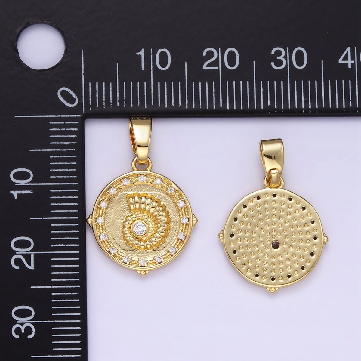 24K Gold Filled Sea Shell Clear CZ Round Pendant | AA1341 - DLUXCA