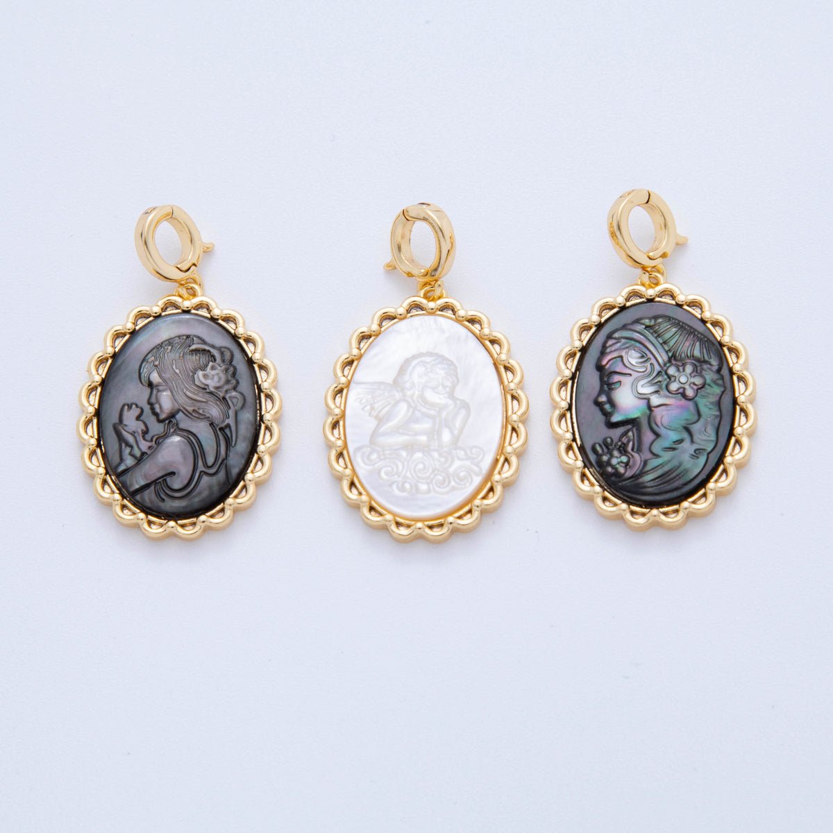 24K Gold Filled Shell Pearl Abalone Girl Women Portrait Oval Snap Latch Pendant | AH781 - AH783 - DLUXCA