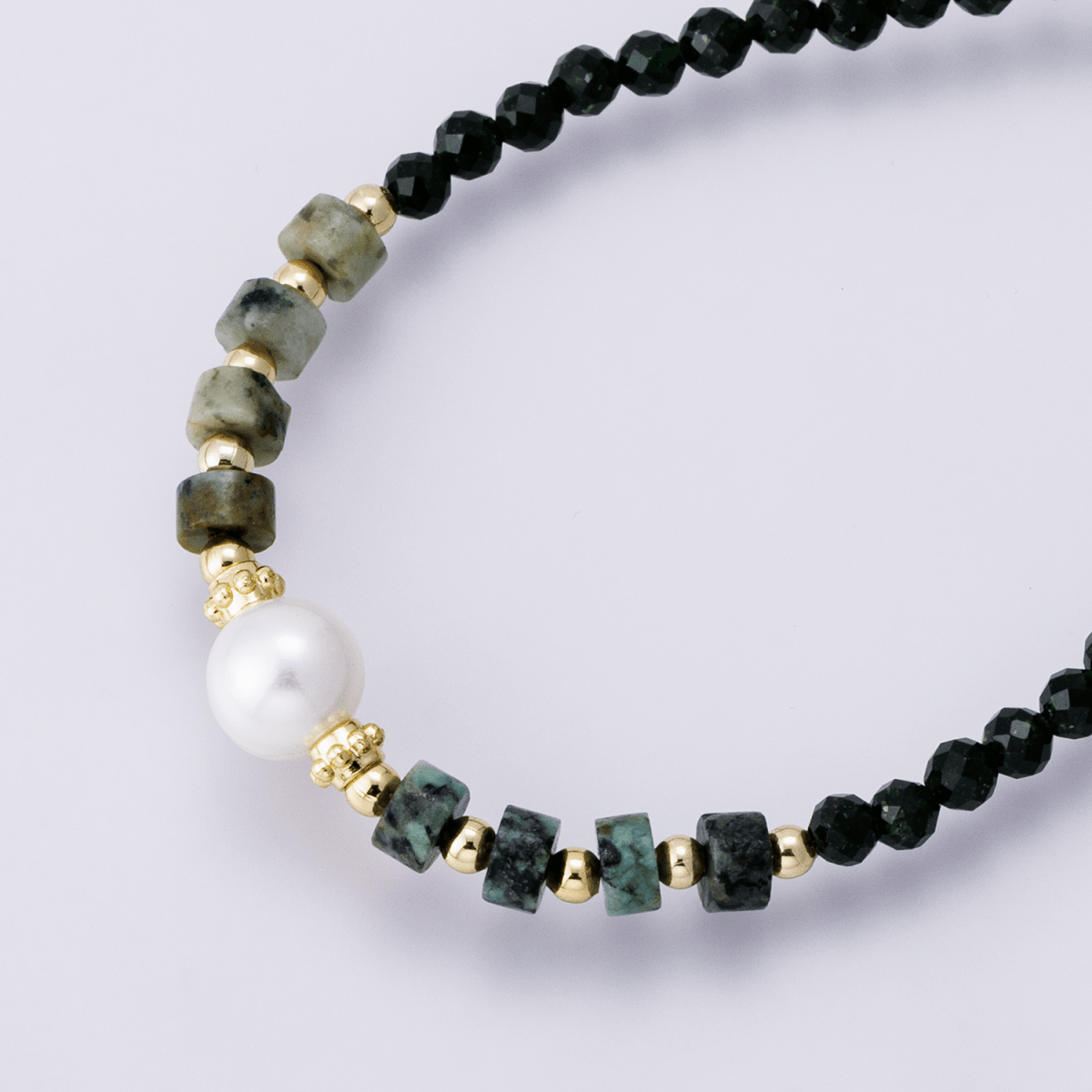 24K Gold Filled Shell Pearl Amazonite Multifaceted Gemstone Cable Chain Half 16.5 Inch Necklace w. Extender | WA - 04174 - DLUXCA