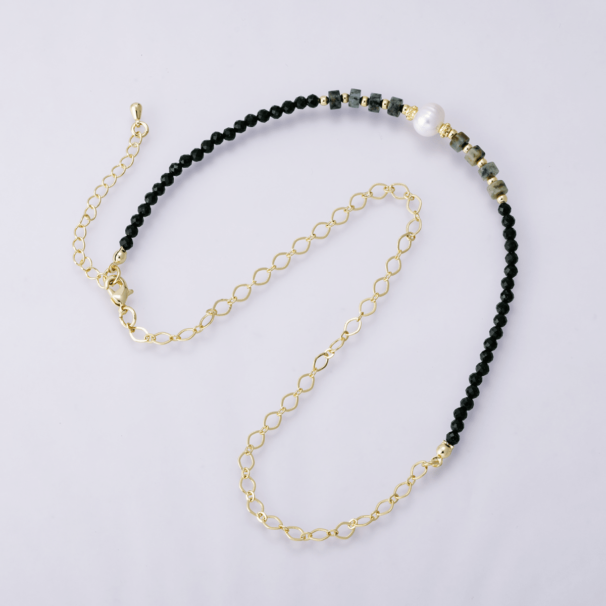 24K Gold Filled Shell Pearl Amazonite Multifaceted Gemstone Cable Chain Half 16.5 Inch Necklace w. Extender | WA - 04174 - DLUXCA