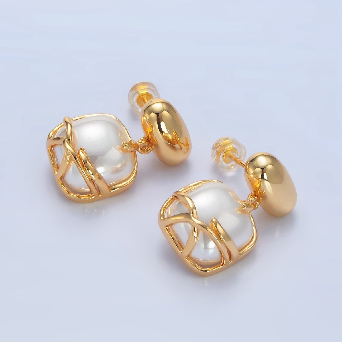 24K Gold Filled Shell Pearl Band Square Rectangle Drop Stud Earrings | P034 - DLUXCA