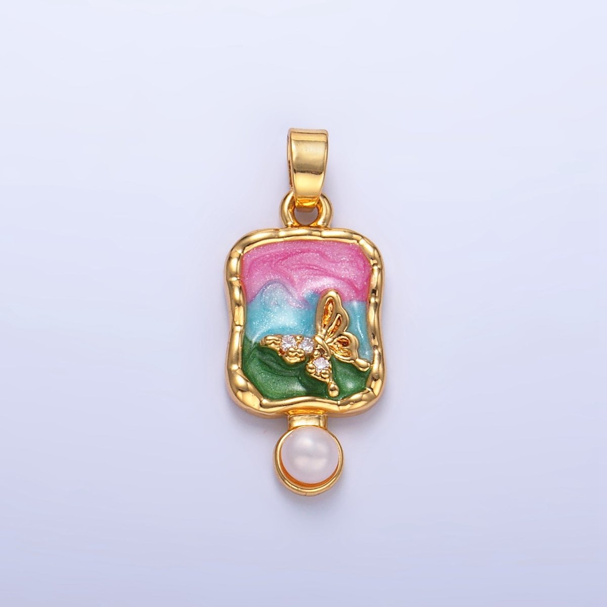 24K Gold Filled Shell Pearl Butterfly CZ Multicolor Enamel Molten Pendant | AA1037 - DLUXCA