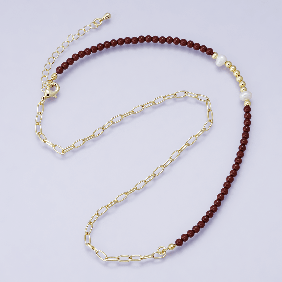 24K Gold Filled Shell Pearl Carnelian Ball Gemstone Paperclip Chain Half 16.5 Inch Necklace | WA - 04209 - DLUXCA