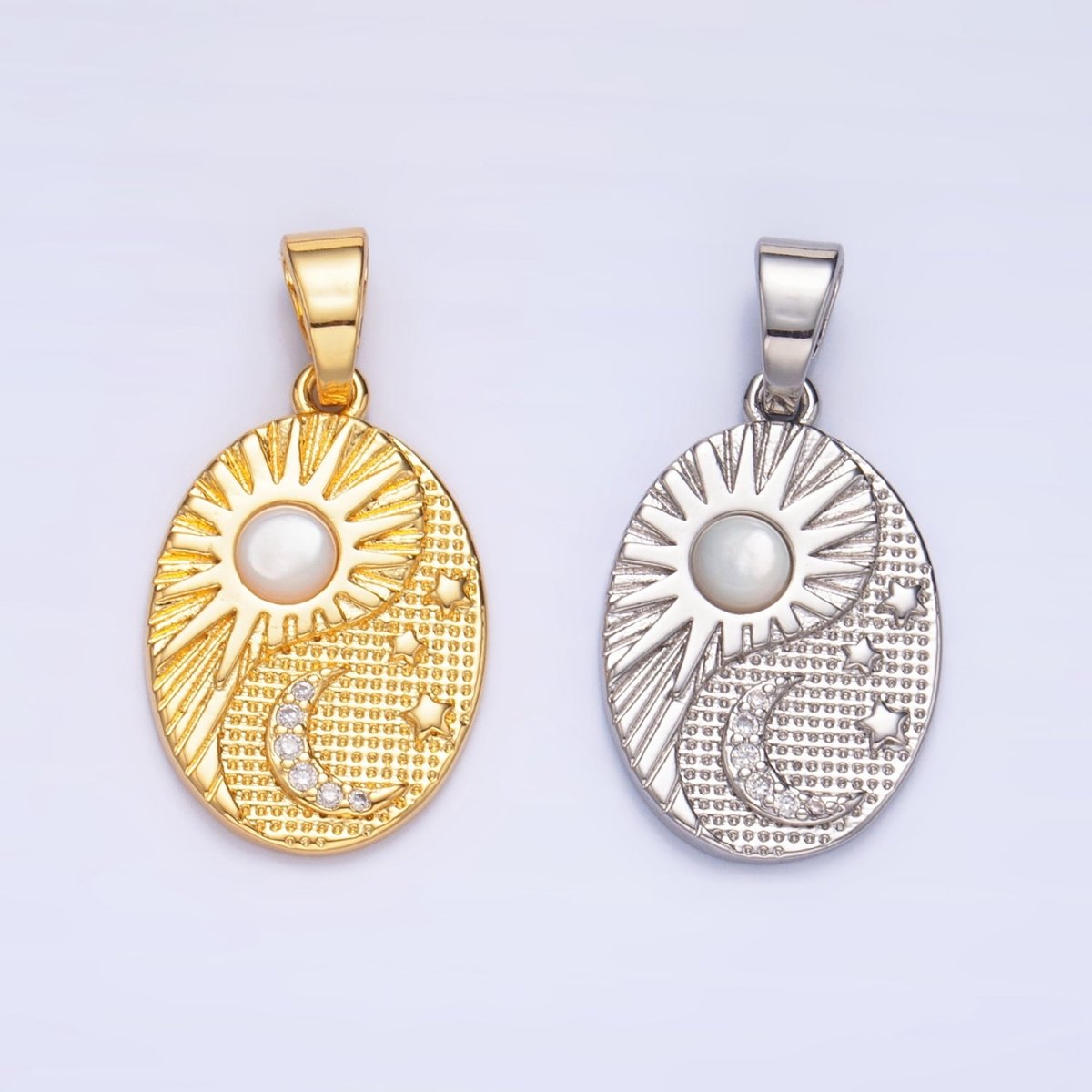 24K Gold Filled Shell Pearl Celestial Moon Star Sun Sunburst Oval Pendant in Gold & Silver | AA1021 - DLUXCA