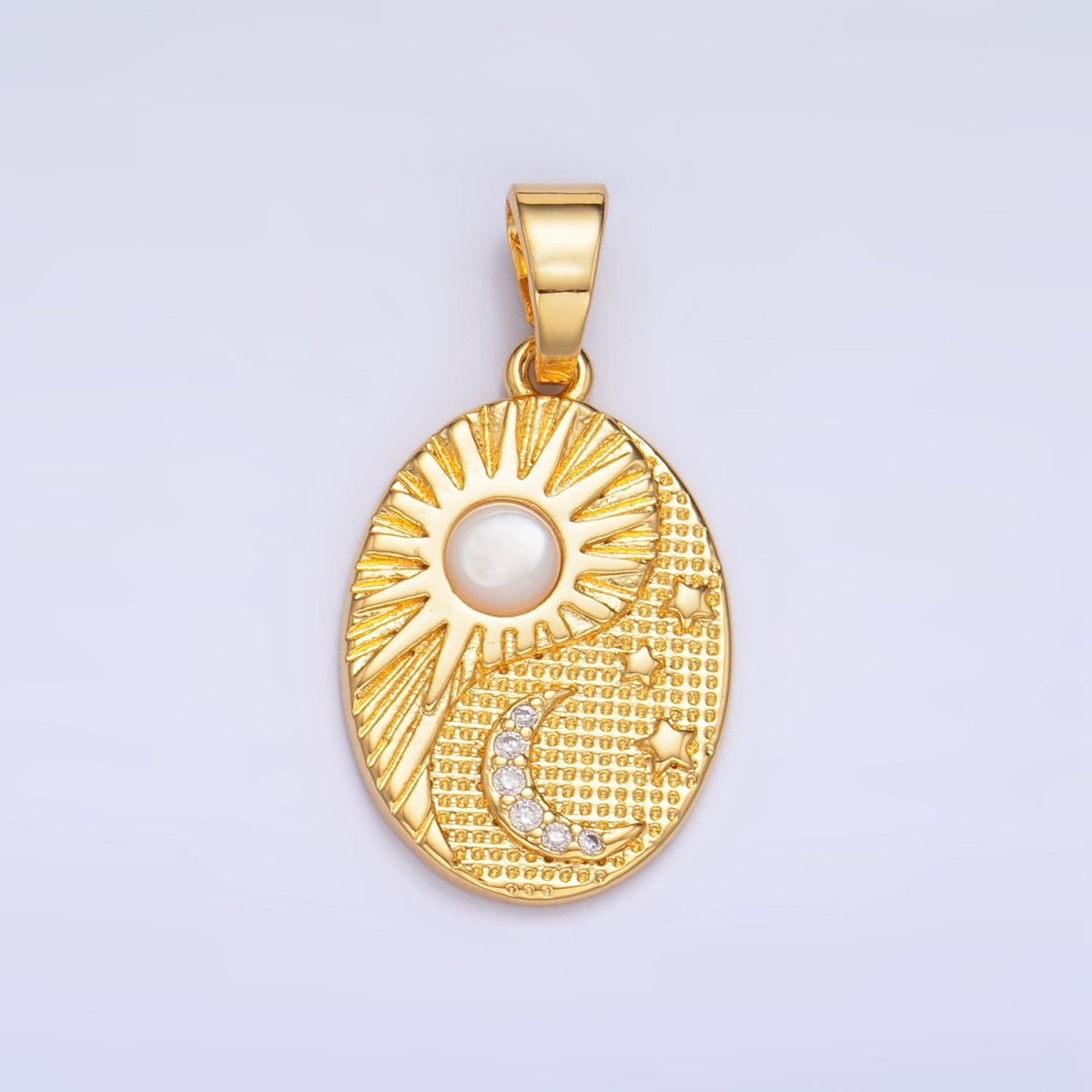 24K Gold Filled Shell Pearl Celestial Moon Star Sun Sunburst Oval Pendant in Gold & Silver | AA1021 - DLUXCA