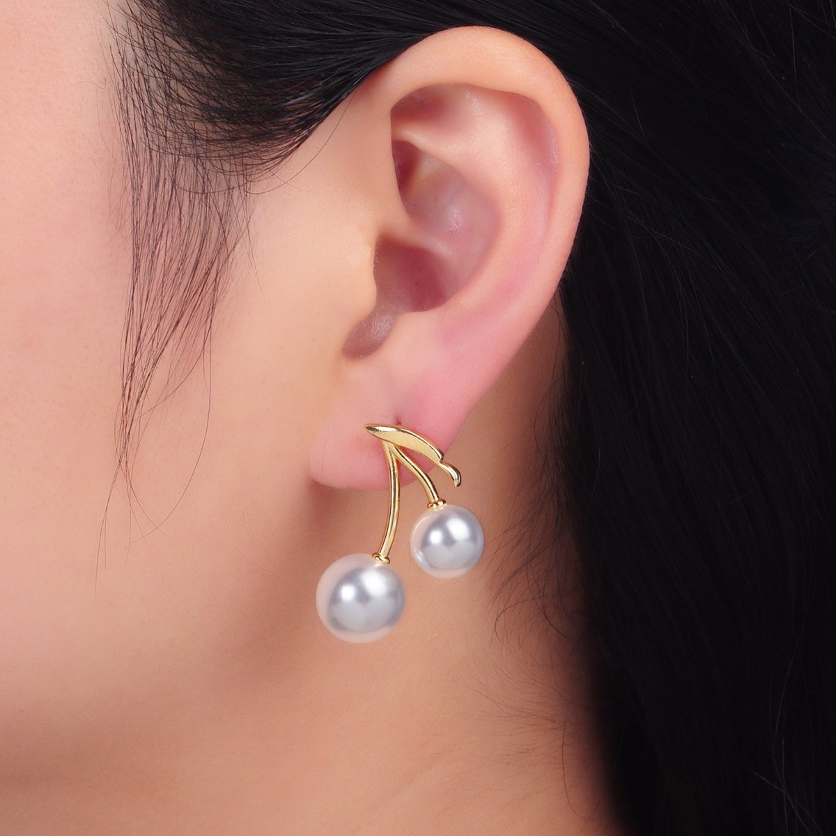 24K Gold Filled Shell Pearl Cherry Fruit Stud Earrings in Gold & Silver | AB868 - DLUXCA