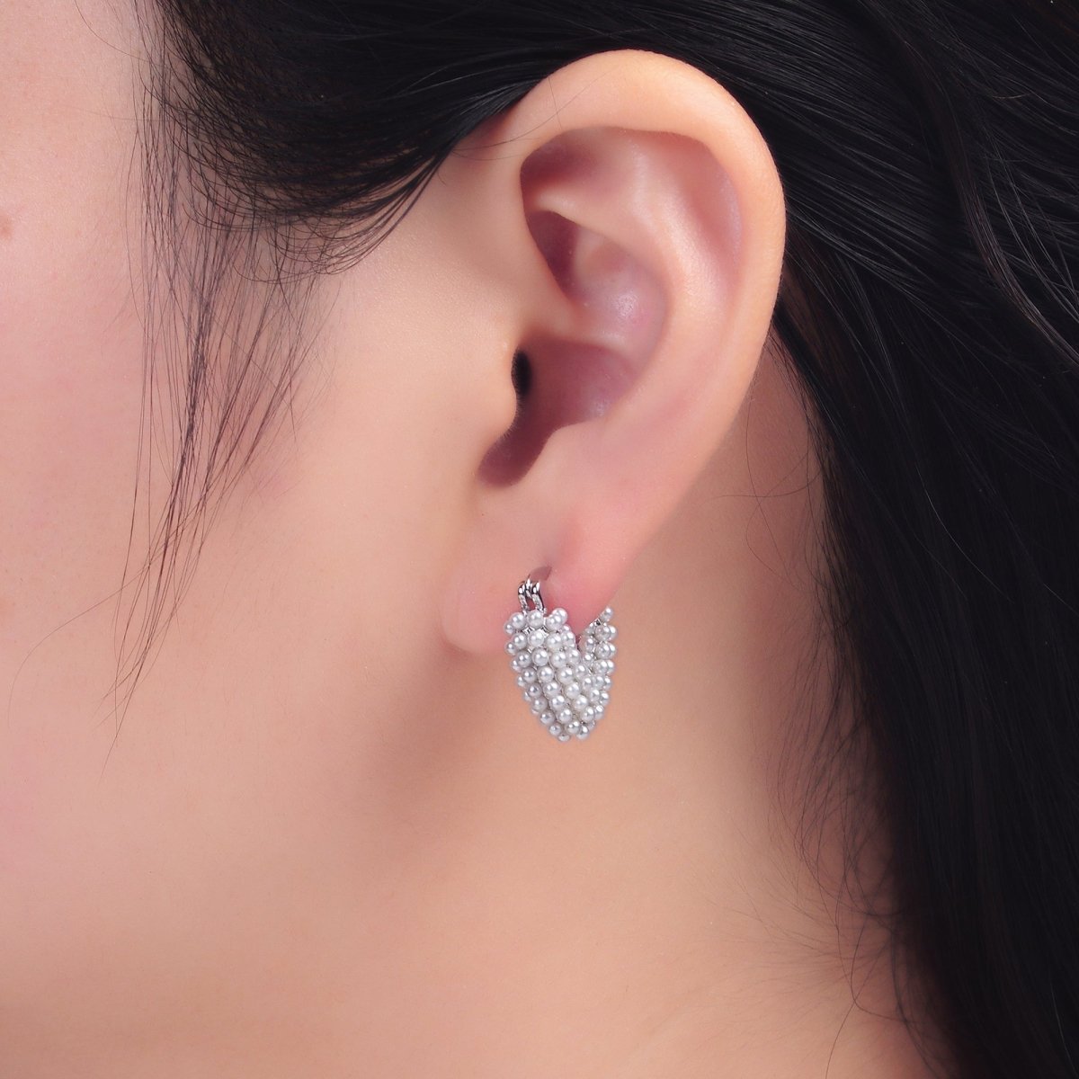 24K Gold Filled Shell Pearl Dotted Heart V - Shaped Latch Hoop in Gold & Silver | AB694 AB695 - DLUXCA