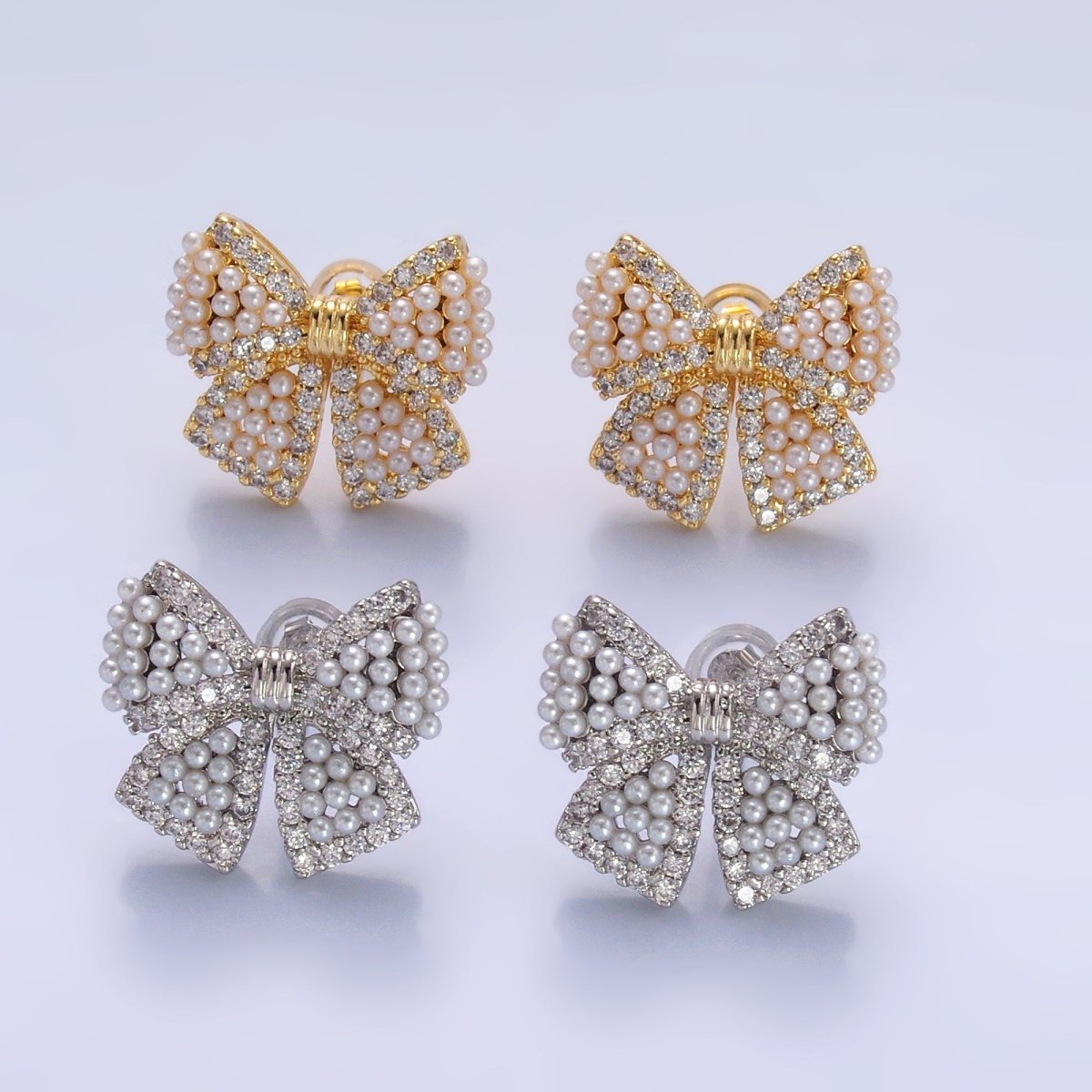 24K Gold Filled Shell Pearl Dotted Micro Paved CZ Ribbon Bow Stud Earrings in Gold & Silver | AB692 AB693 - DLUXCA