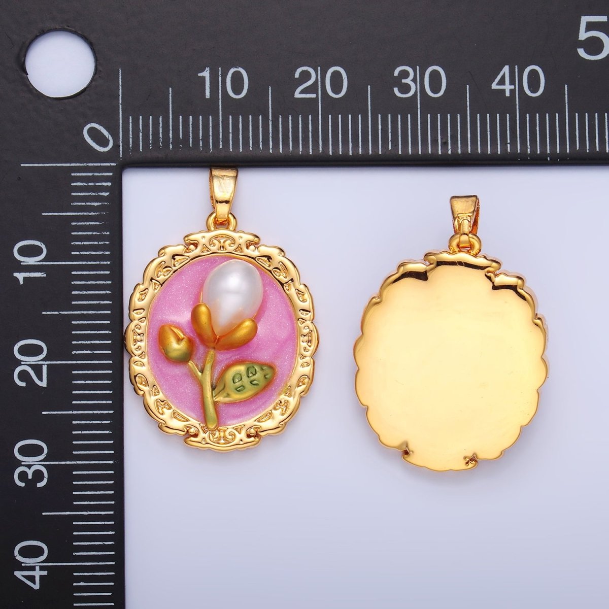 24K Gold Filled Shell Pearl Flower Pink Enamel Pendant | AA1075 - DLUXCA