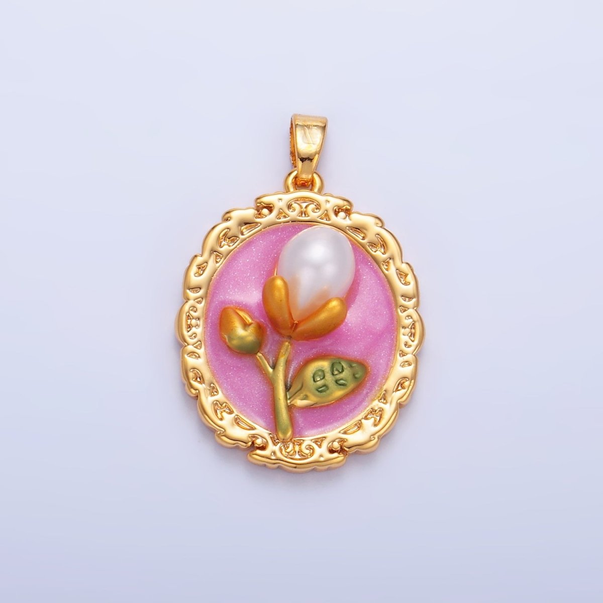 24K Gold Filled Shell Pearl Flower Pink Enamel Pendant | AA1075 - DLUXCA