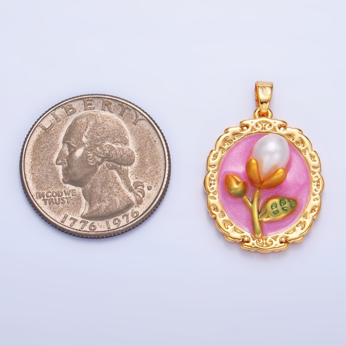 24K Gold Filled Shell Pearl Flower Pink Enamel Pendant | AA1075 - DLUXCA