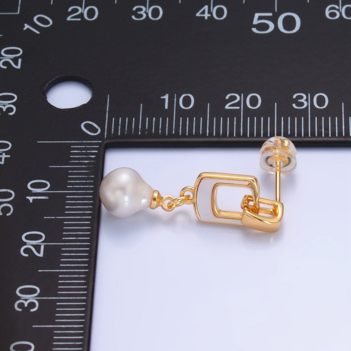 24K Gold Filled Shell Pearl Geometric Drop Stud Earrings | AD284 - DLUXCA