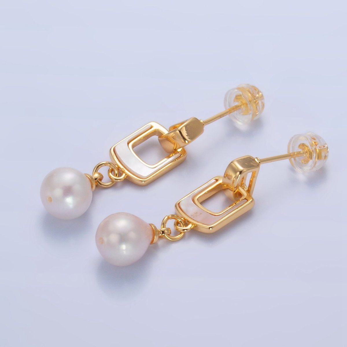 24K Gold Filled Shell Pearl Geometric Drop Stud Earrings | AD284 - DLUXCA