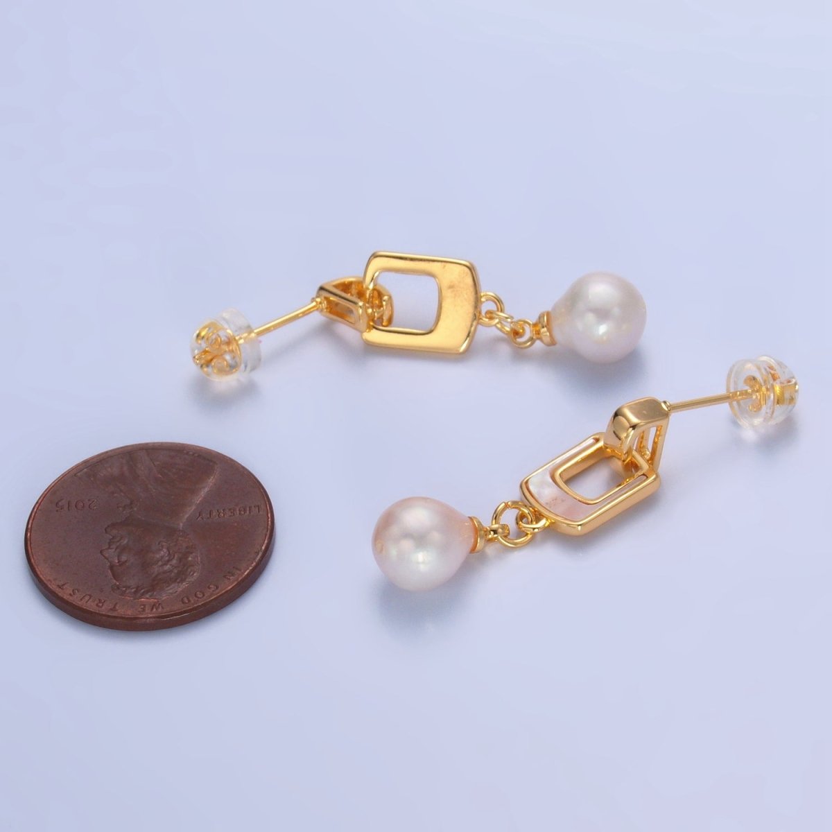 24K Gold Filled Shell Pearl Geometric Drop Stud Earrings | AD284 - DLUXCA