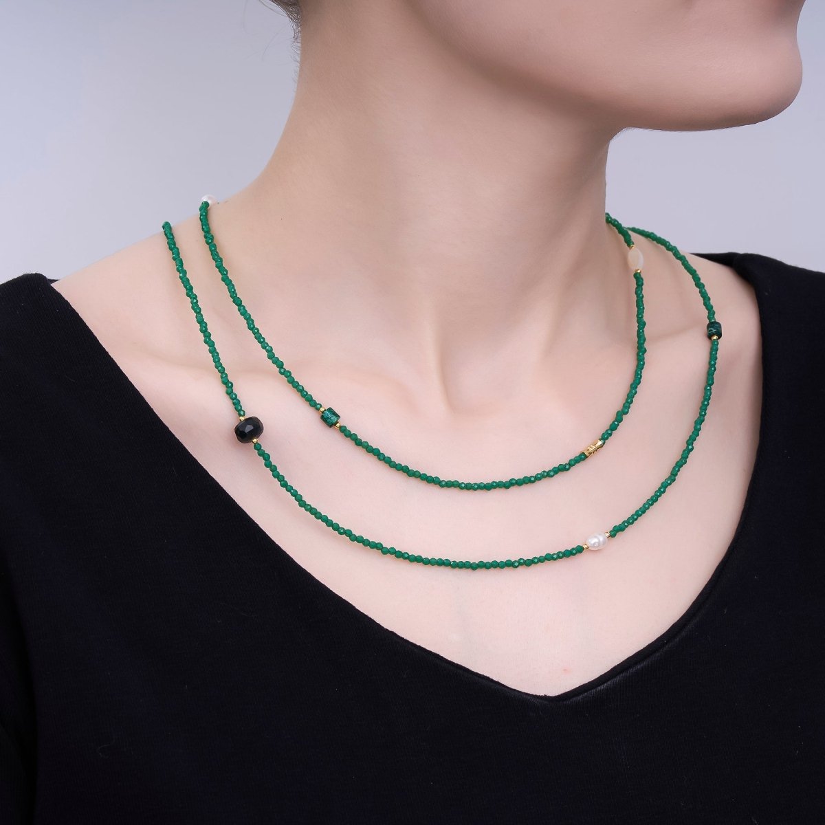 24K Gold Filled Shell Pearl Green Crystal Gemstone 40 Inches Necklace | WA - 3084 - DLUXCA