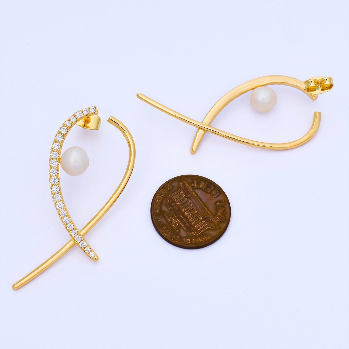 24K Gold Filled Shell Pearl Micro Paved CZ Arc Band Stud Earrings Set | AB1654 - DLUXCA