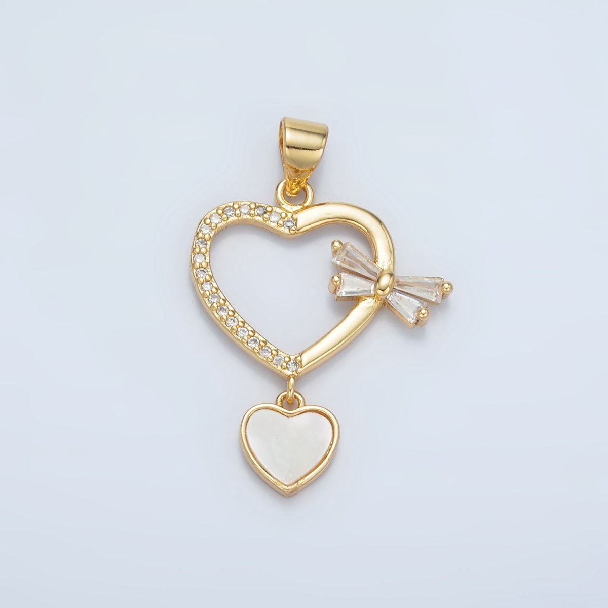 24K Gold Filled Shell Pearl Micro Paved CZ Baguette Bow Heart Drop Pendant | AA866 - DLUXCA