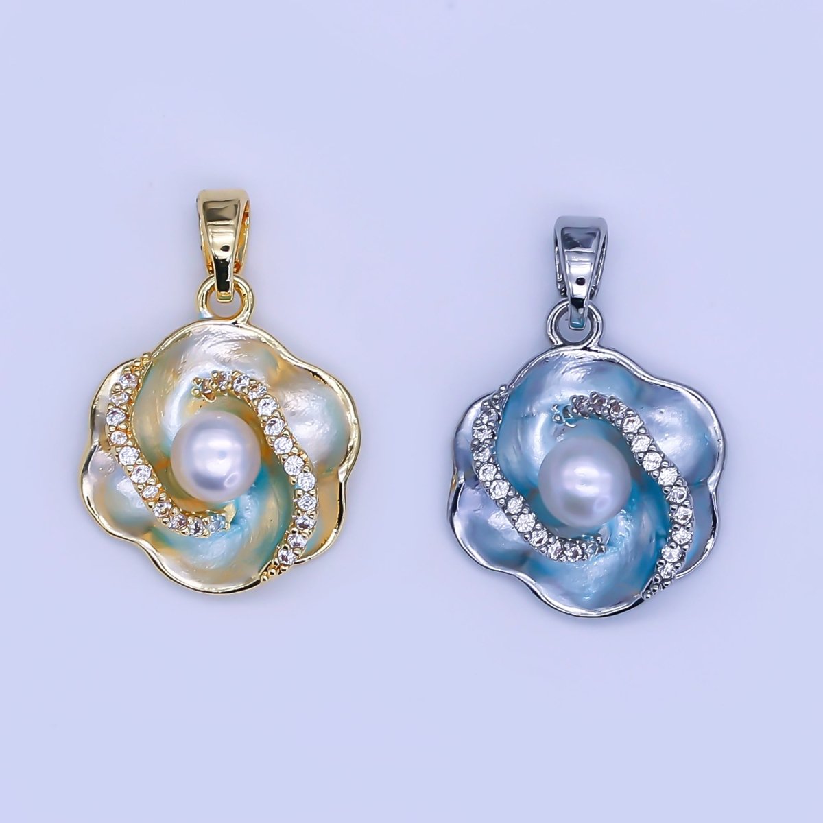 24K Gold Filled Shell Pearl Micro Paved CZ Blue Foil Daisy Flower Pendant in Gold & Silver | AH405 - DLUXCA