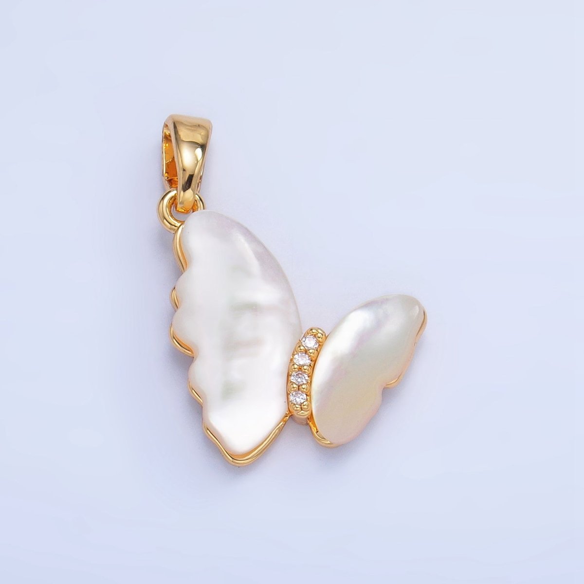 24K Gold Filled Shell Pearl Micro Paved CZ Butterfly Pendant | AA1022 - DLUXCA