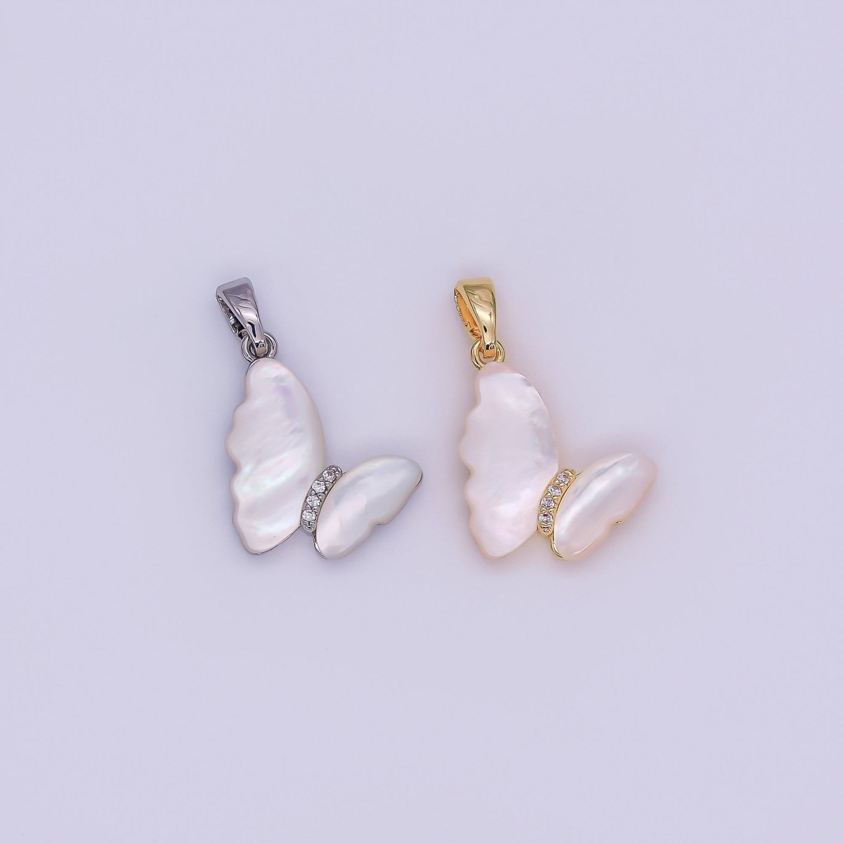 24K Gold Filled Shell Pearl Micro Paved CZ Butterfly Pendant | AA1022 - DLUXCA