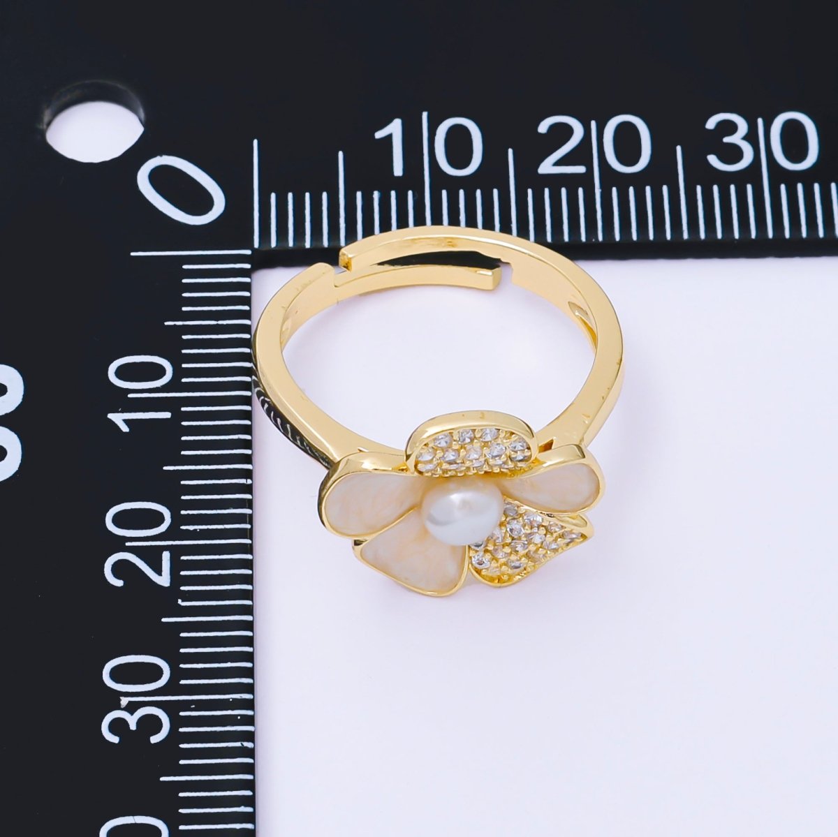 24K Gold Filled Shell Pearl Micro Paved CZ Daisy Flower Adjustable Ring | O2228 - DLUXCA