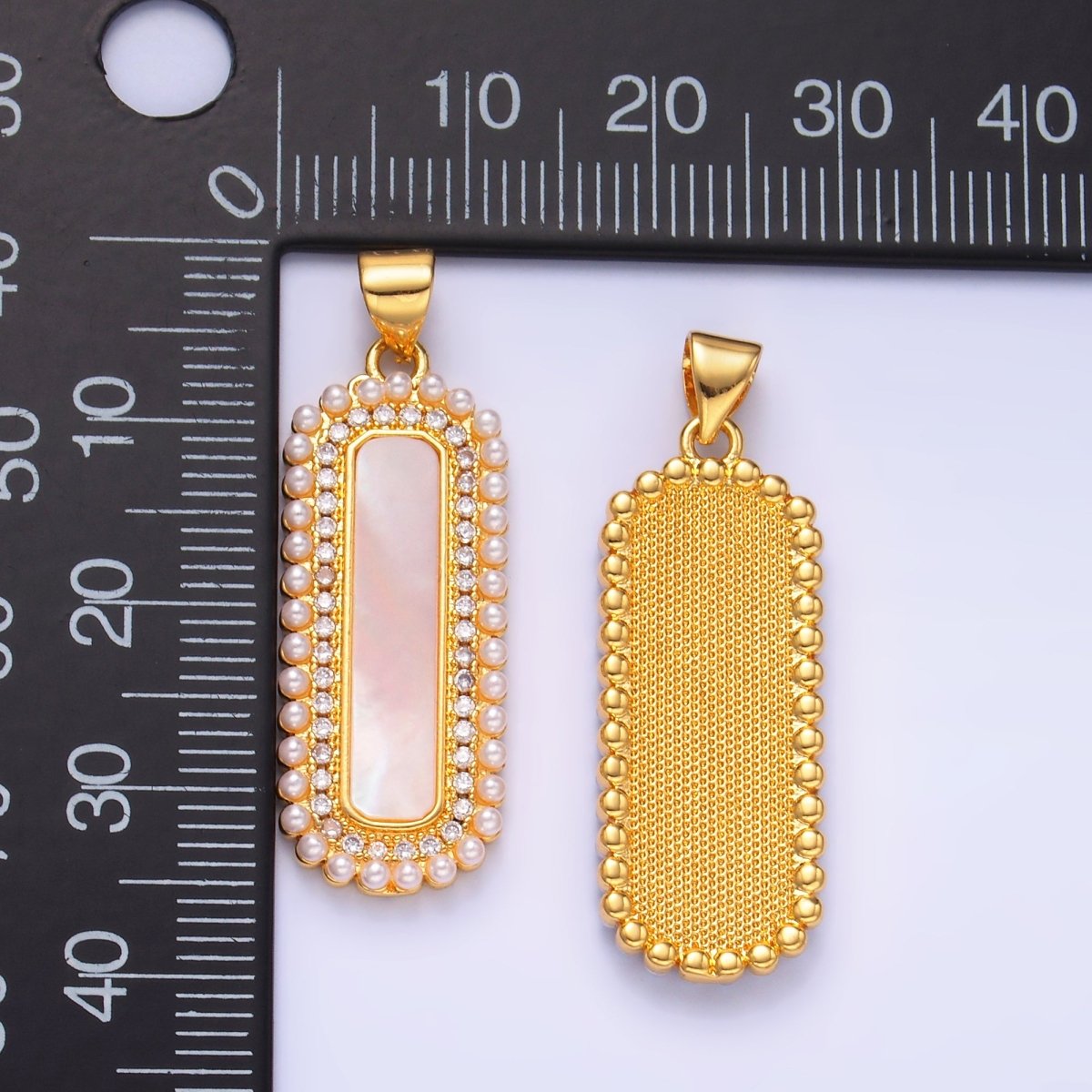 24K Gold Filled Shell Pearl Micro Paved CZ Lined Rectangular Tag Pendant | AA1204 - DLUXCA