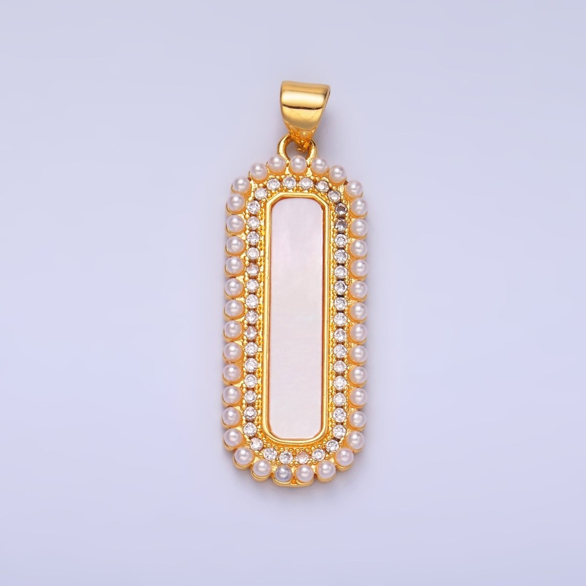 24K Gold Filled Shell Pearl Micro Paved CZ Lined Rectangular Tag Pendant | AA1204 - DLUXCA