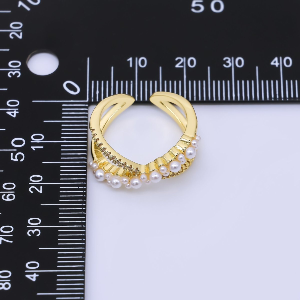 24K Gold Filled Shell Pearl Micro Paved CZ Tied Knot Ring | O1164 - DLUXCA