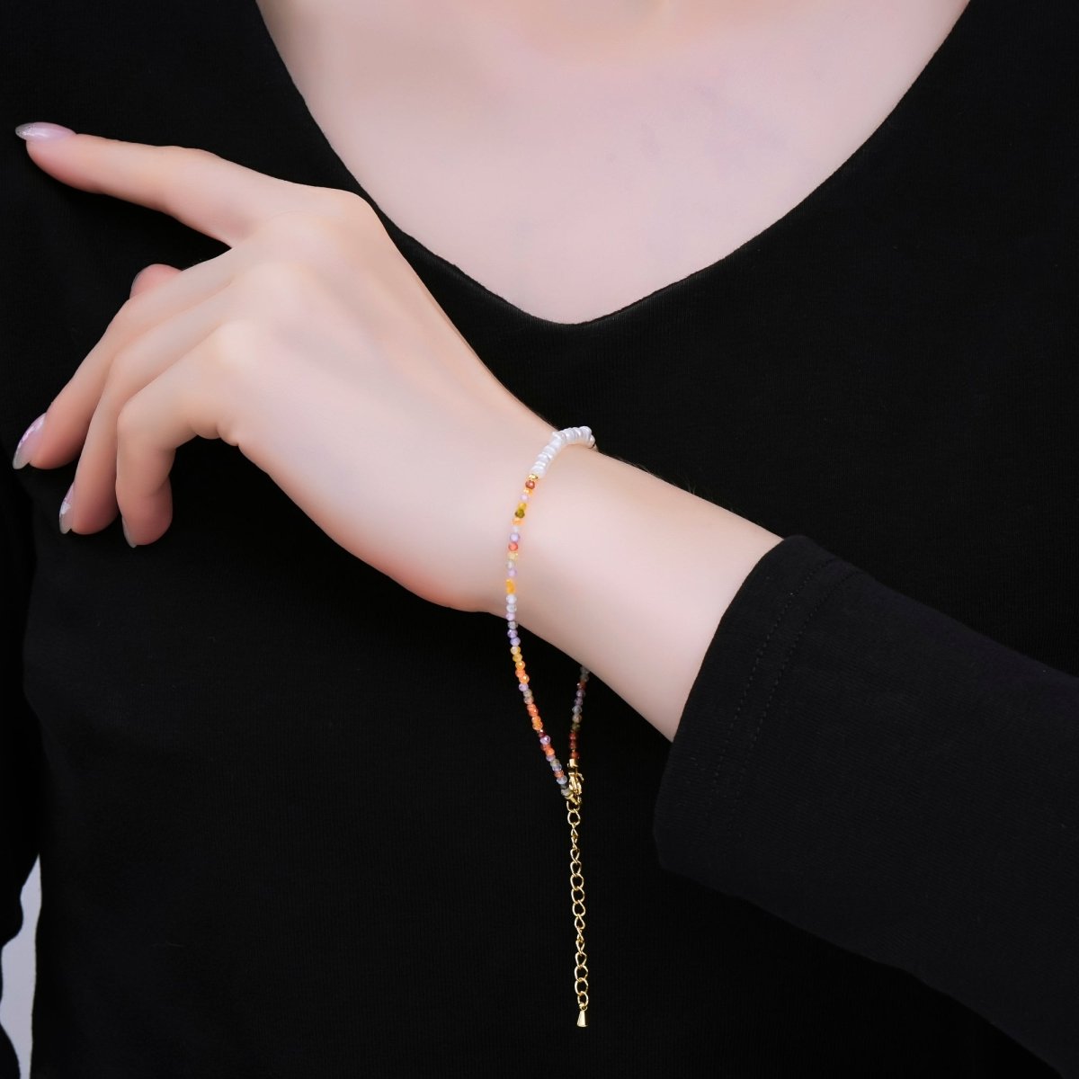 24K Gold Filled Shell Pearl Multifaceted Natural Gemstone Bead 8.66 Inch Bracelet Anklet w. Extender | WA - 03718 ~ WA - 03740 - DLUXCA