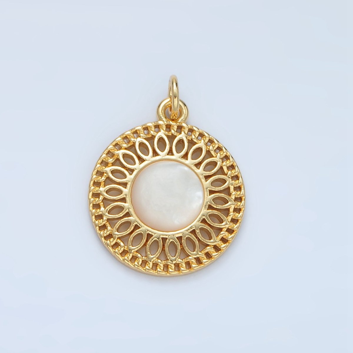 24K Gold Filled Shell Pearl Open Filigree Geometric Round Charm | X303 - DLUXCA