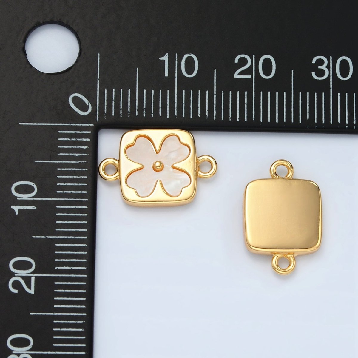 24K Gold Filled Shell Pearl Quatrefoil Flower Square Bezel Connector | F012 - DLUXCA
