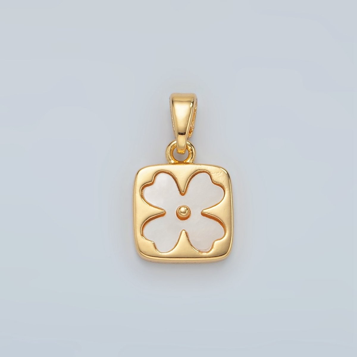 24K Gold Filled Shell Pearl Quatrefoil Flower Square Bezel Pendant | H587 - DLUXCA