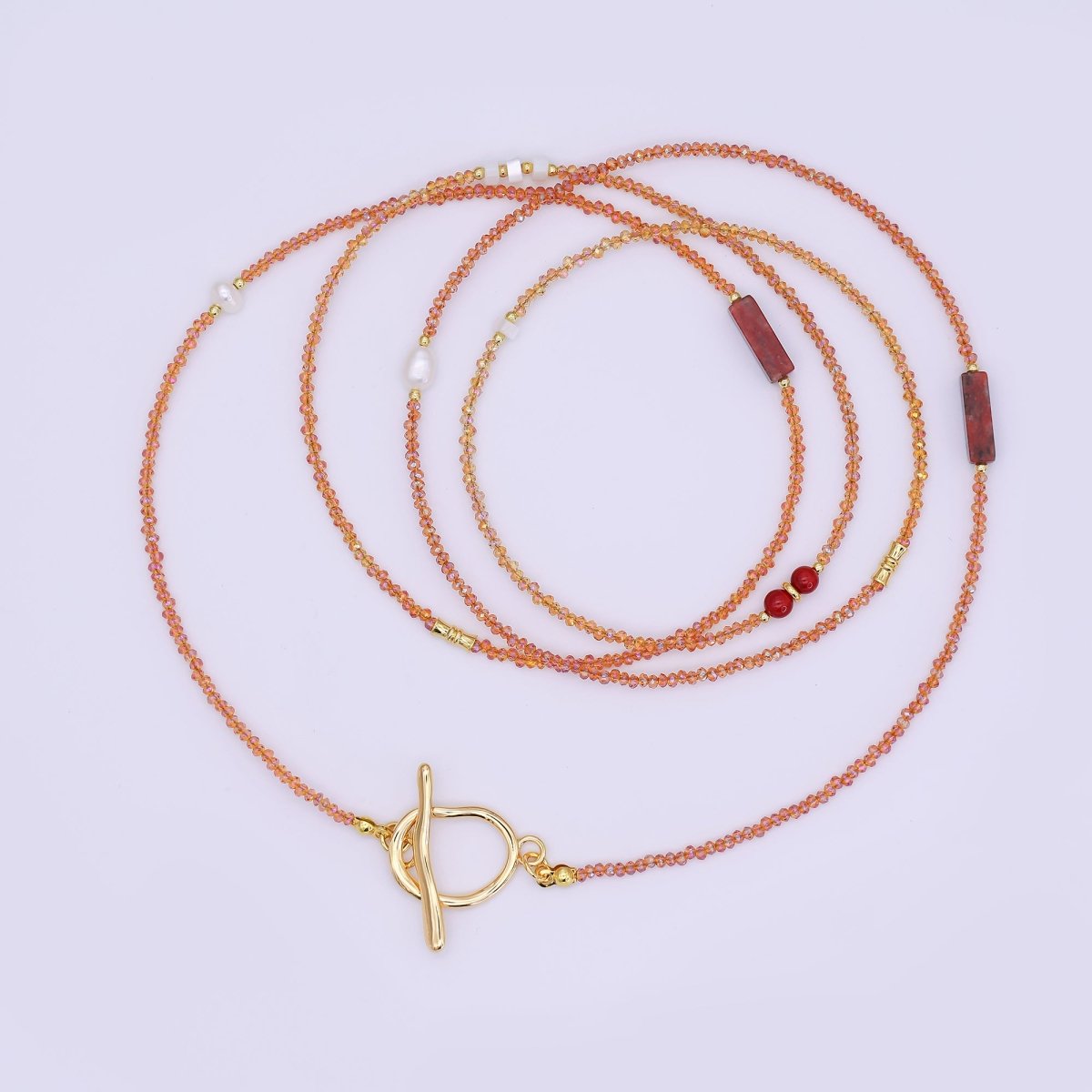 24K Gold Filled Shell Pearl Red Carnelian Orange Crystal Gemstone 40 Inches Necklace | WA - 3076 - DLUXCA