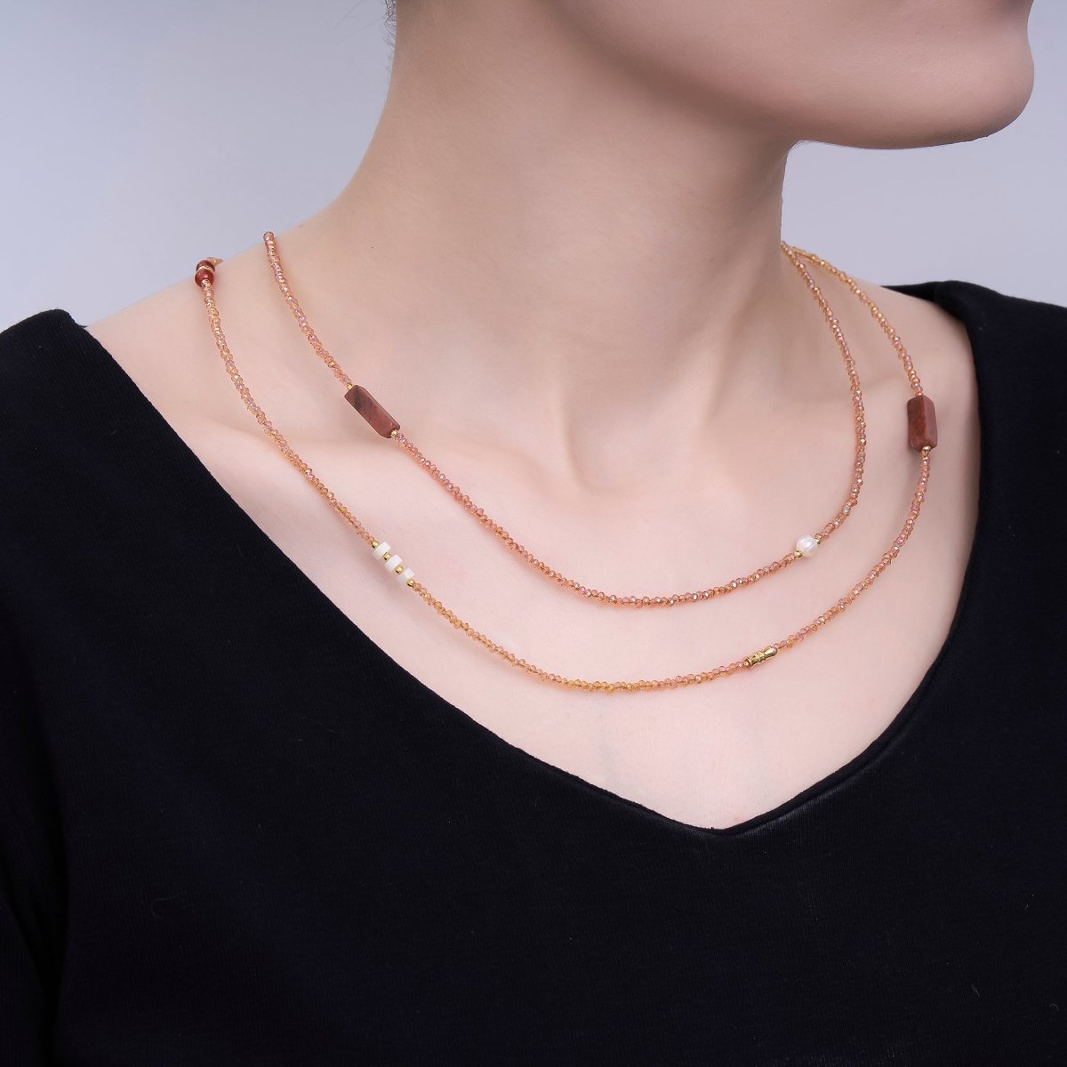 24K Gold Filled Shell Pearl Red Carnelian Orange Crystal Gemstone 40 Inches Necklace | WA - 3076 - DLUXCA