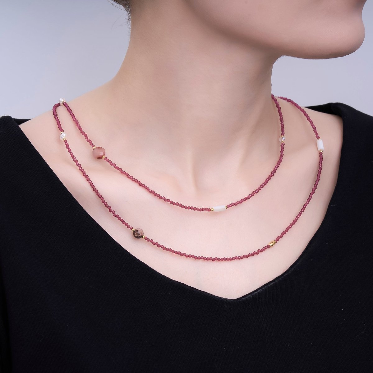 24K Gold Filled Shell Pearl Red Crystal Gemstone 40 Inches Necklace | WA - 3075 - DLUXCA