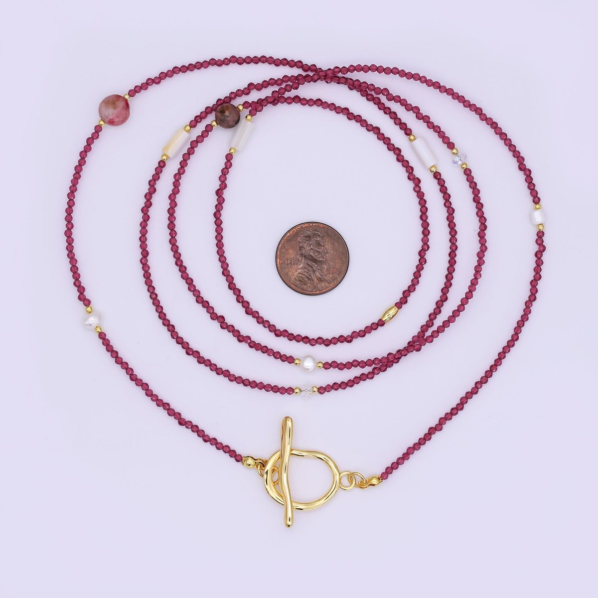 24K Gold Filled Shell Pearl Red Crystal Gemstone 40 Inches Necklace | WA - 3075 - DLUXCA