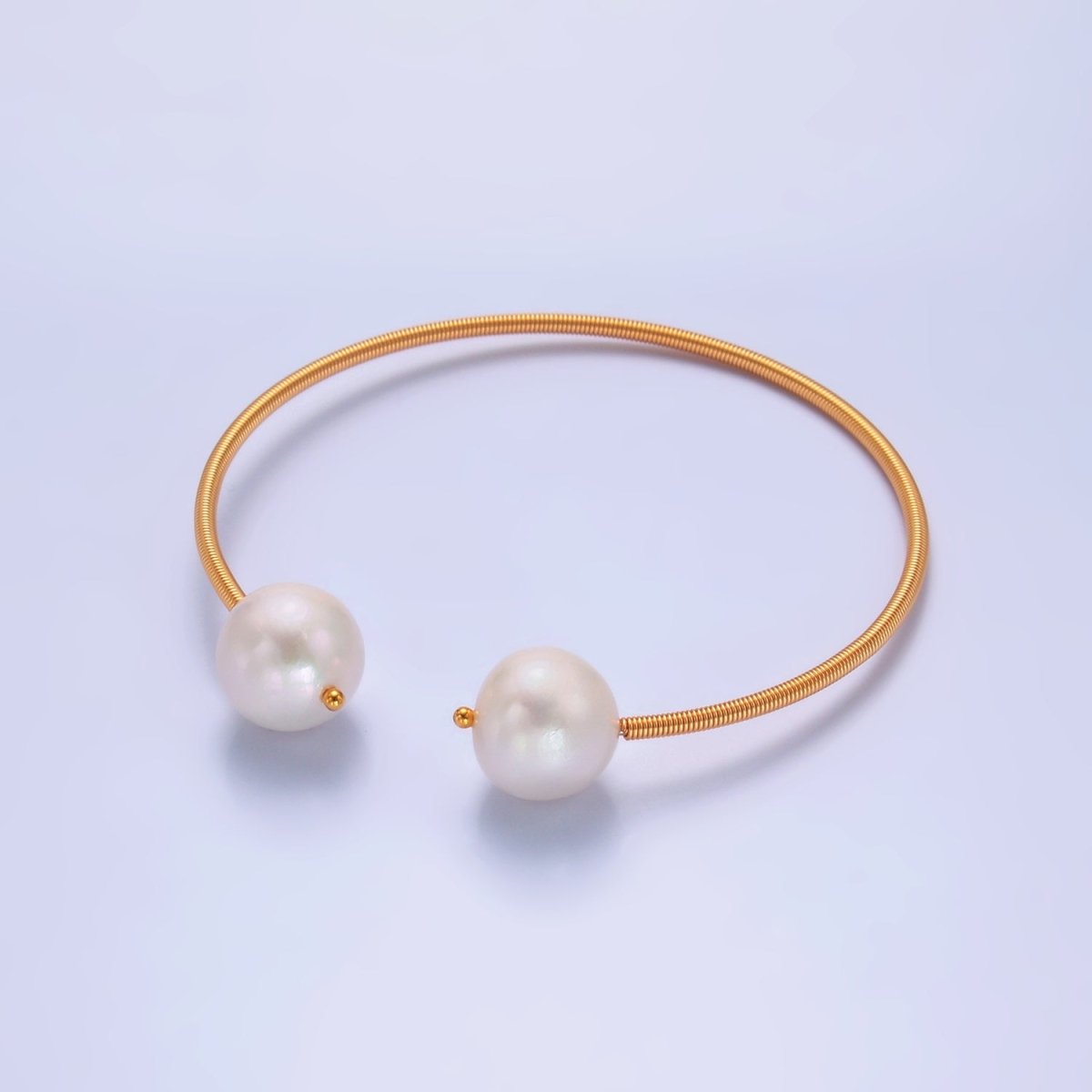 24K Gold Filled Shell Pearl Ribbed Spring Cuff Bracelet | WA - 2715 - DLUXCA