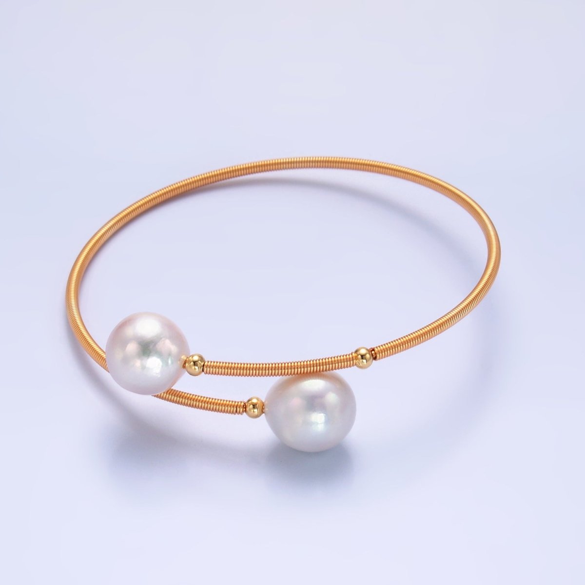 24K Gold Filled Shell Pearl Ribbed Spring Wrap Cuff Bracelet | WA - 2716 - DLUXCA