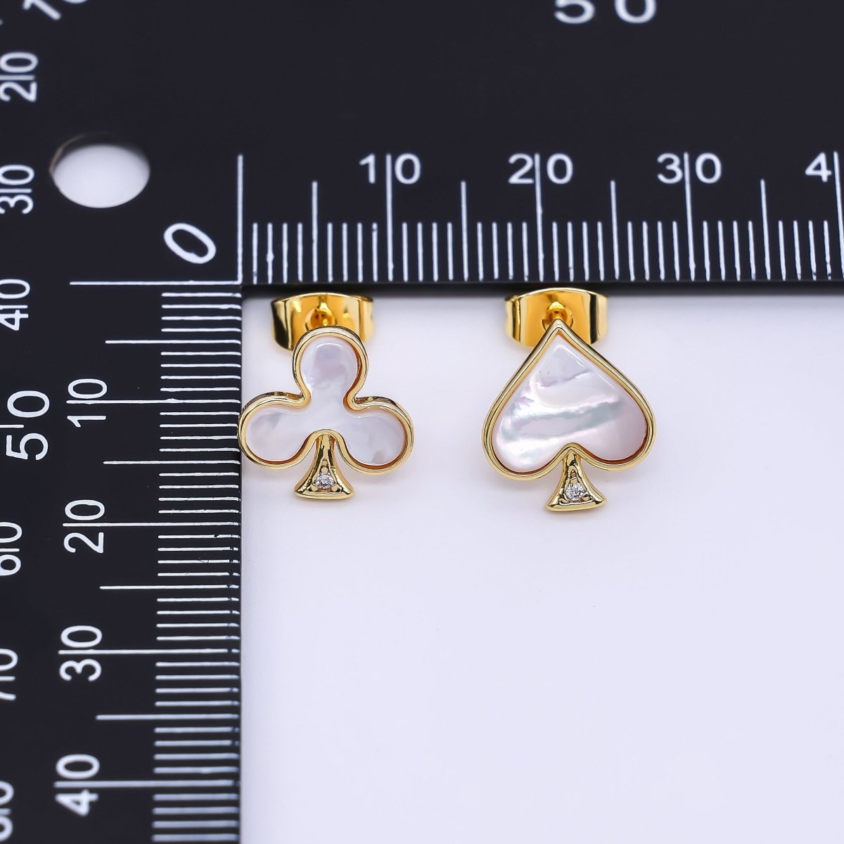 24K Gold Filled Shell Pearl Spades & Clubs Card Mis Matched Stud Earrings | Q - 346 - DLUXCA