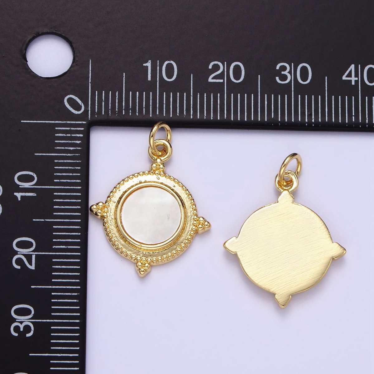 24K Gold Filled Shell Pearl Spiked Dotted Round Charm | E366 - DLUXCA