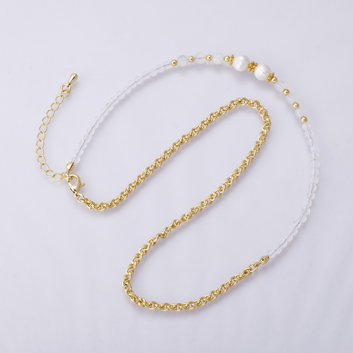 24K Gold Filled Shell Pearl White Opal Multifaceted Rolo Chain Half 16.5 Inch Necklace w. Extender | WA - 04173 - DLUXCA