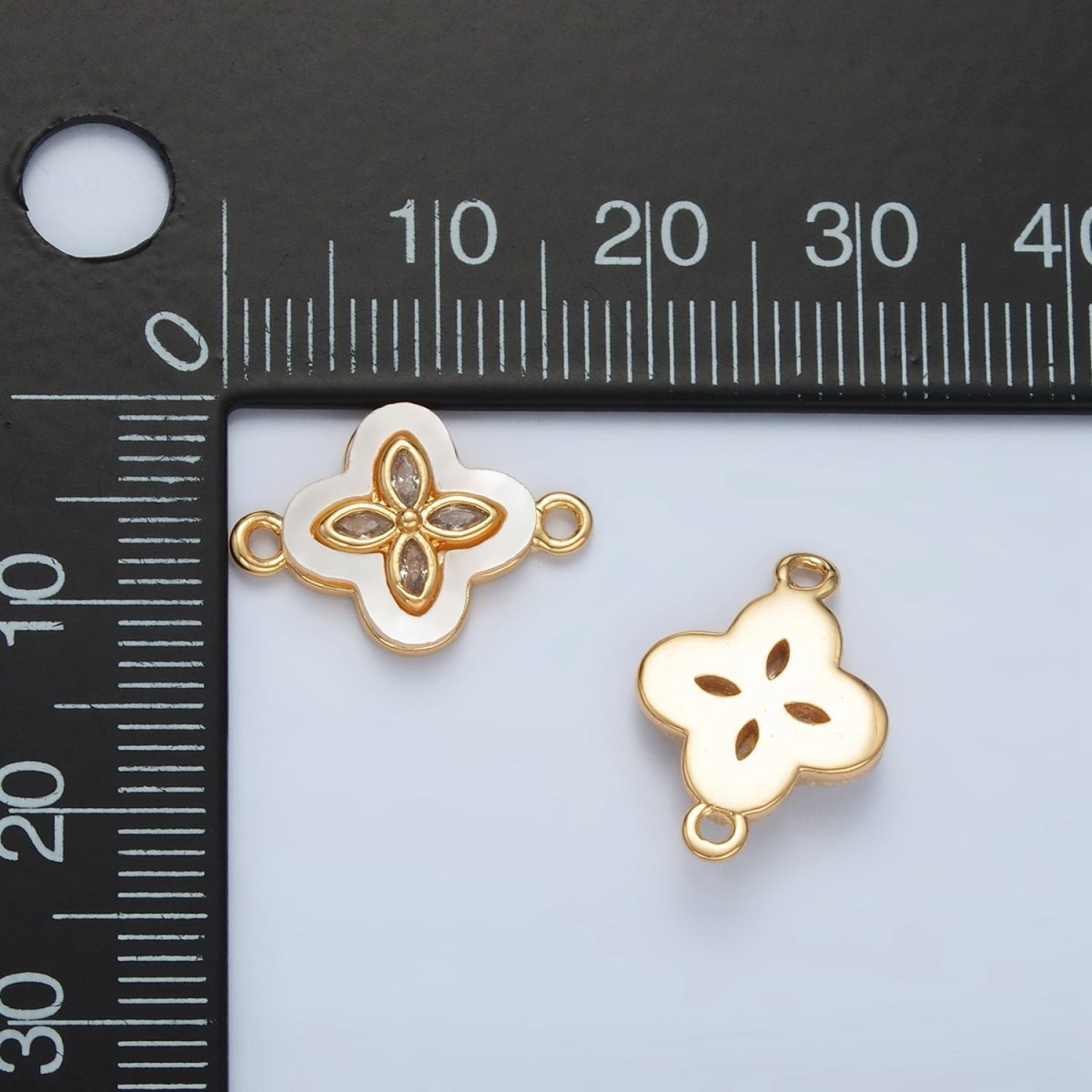 24K Gold Filled Sphere CZ Shell Pearl Quatrefoil Flower Connector | F097 - DLUXCA