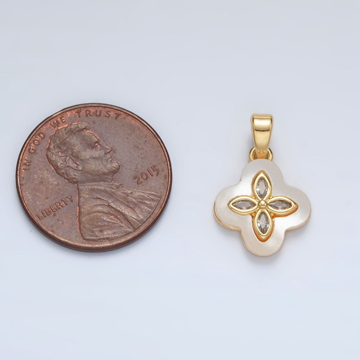 24K Gold Filled Sphere CZ Shell Pearl Quatrefoil Flower Pendant in Gold & Silver | AA1522 - DLUXCA