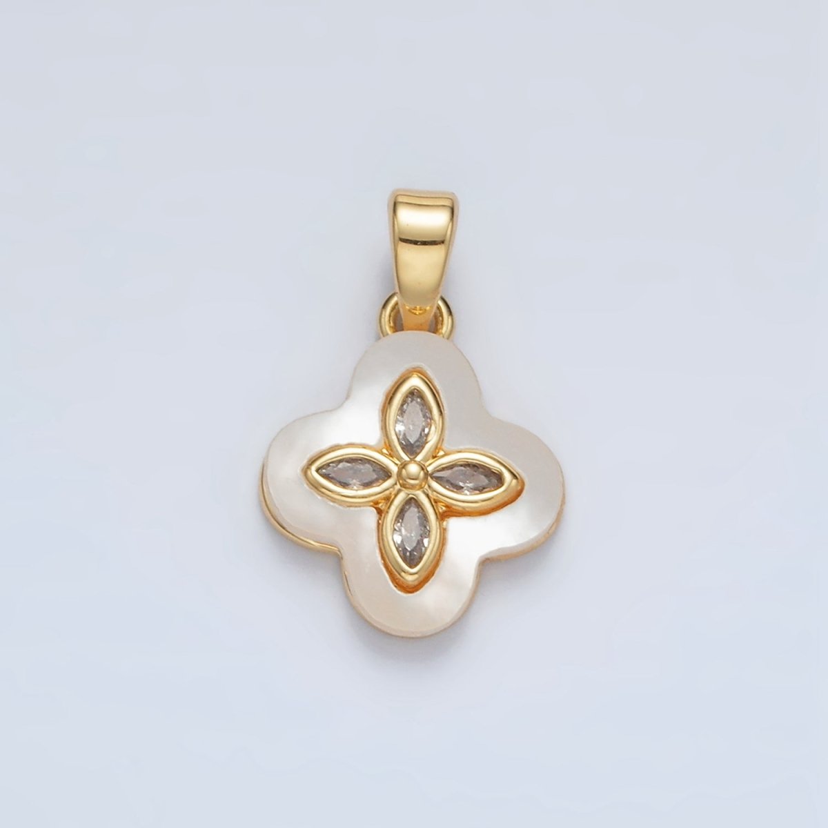 24K Gold Filled Sphere CZ Shell Pearl Quatrefoil Flower Pendant in Gold & Silver | AA1522 - DLUXCA