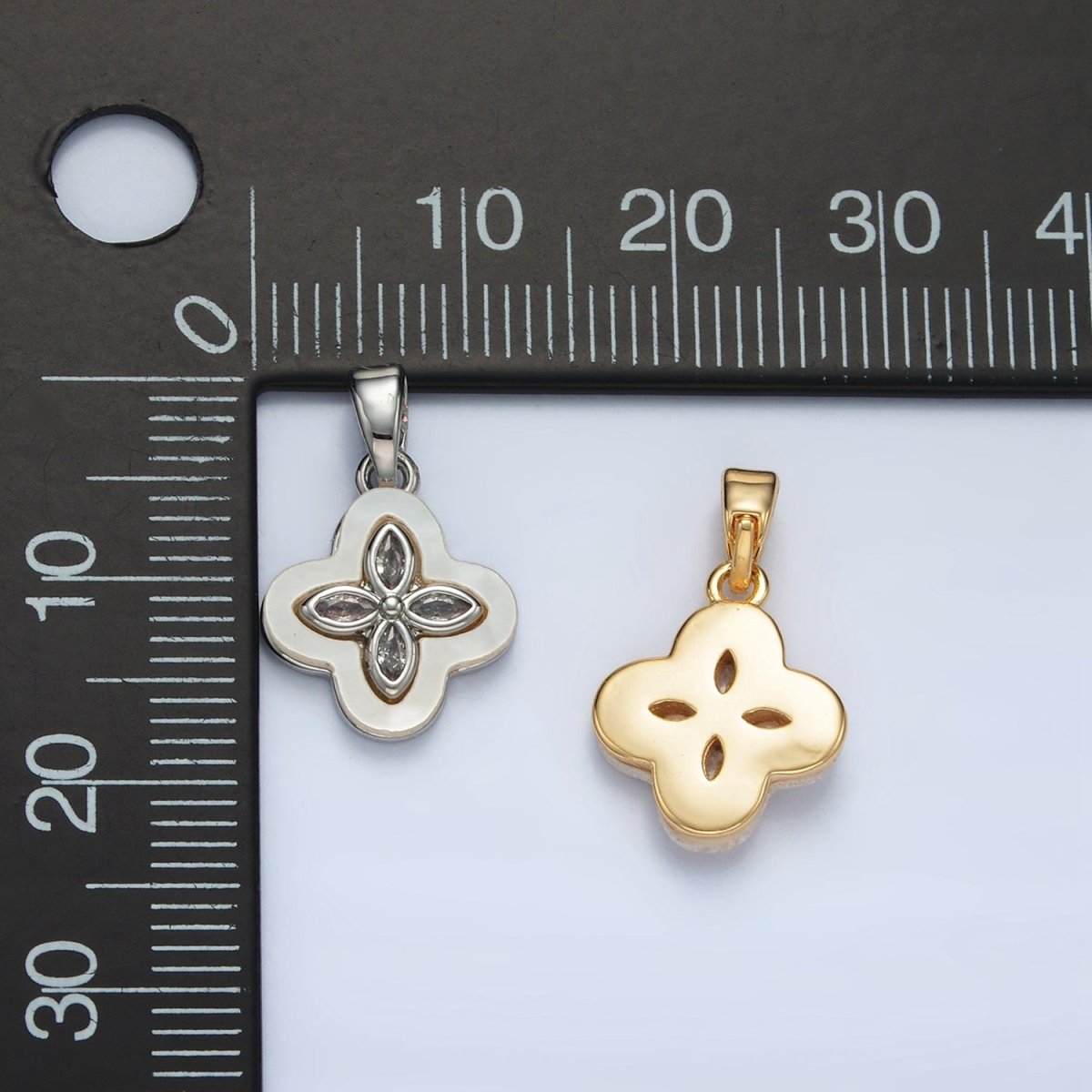 24K Gold Filled Sphere CZ Shell Pearl Quatrefoil Flower Pendant in Gold & Silver | AA1522 - DLUXCA